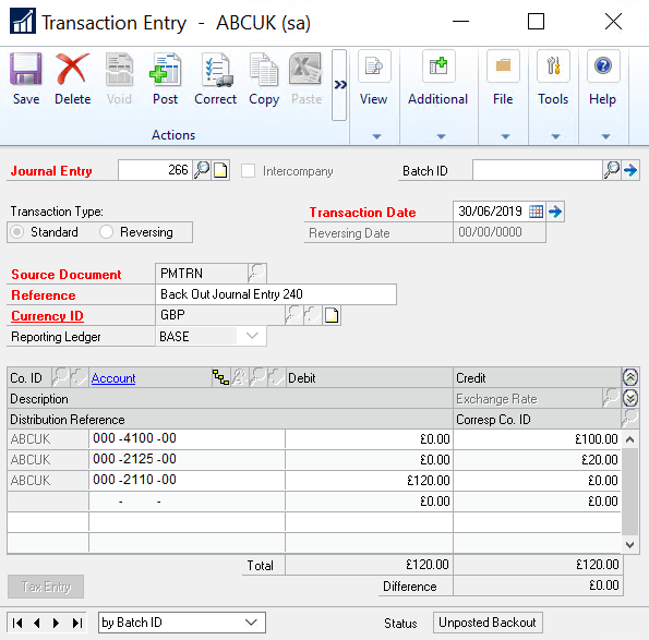 Back out journal entry in Dynamics GP