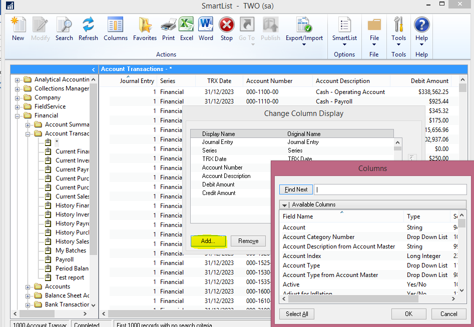 Changing columns in Dynamics GP