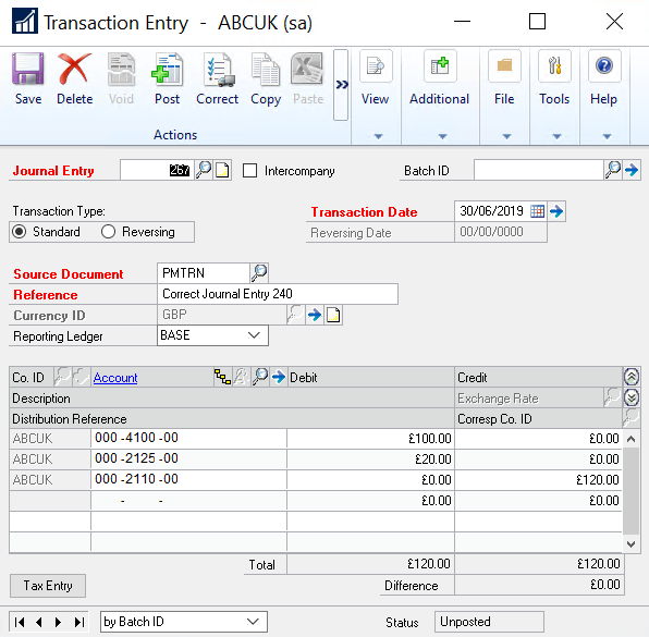 Correct journal entry in Dynamics GP