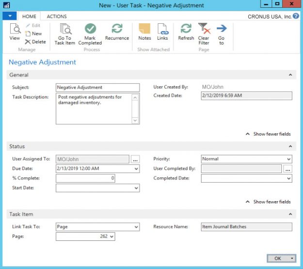 Create a new user task in Dynamics NAV