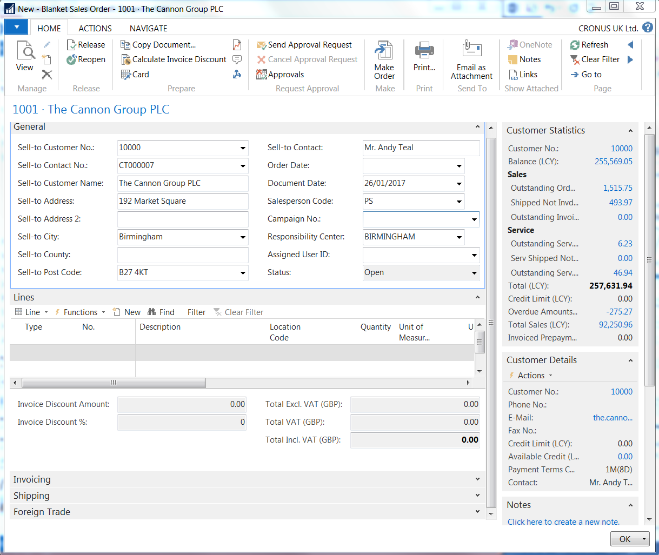 Creating a blanket sales order in Dynamics NAV