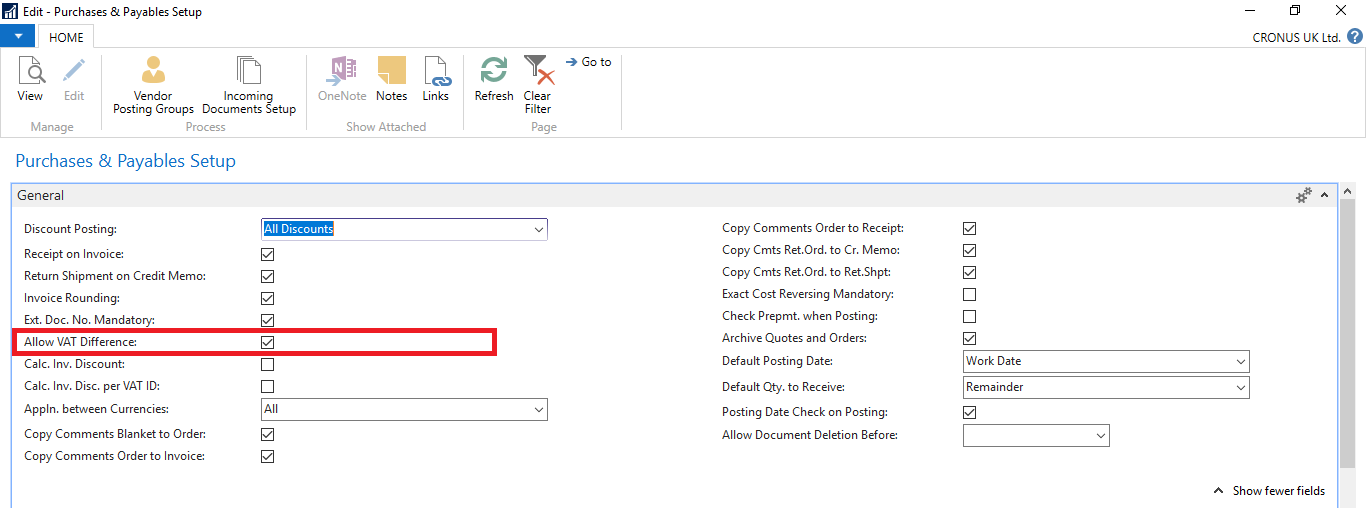 Enabling VAT difference in purchases payables setup