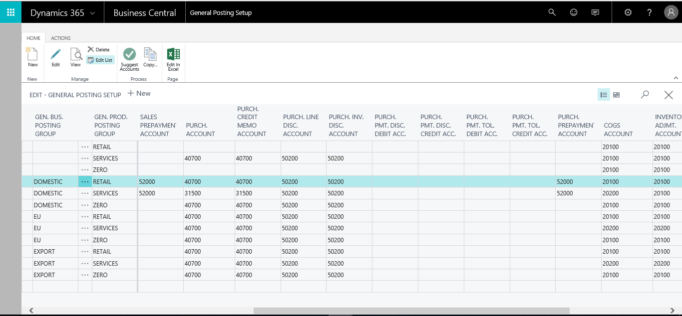 General posting setup window in Dynamics 365 Business Central