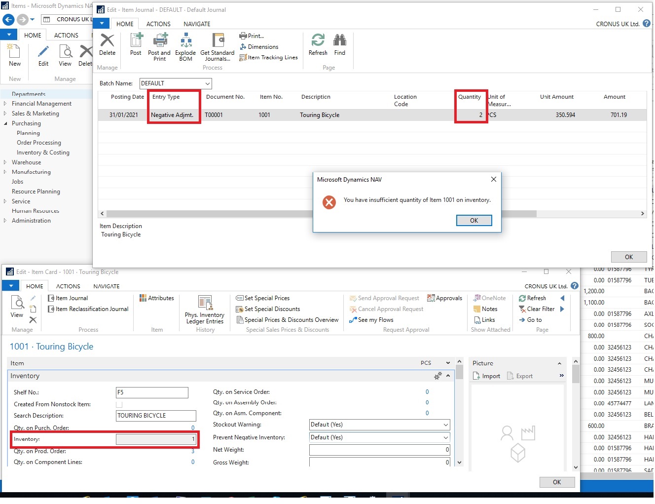 Individual item card highlighting prevent negative inventory in NAV