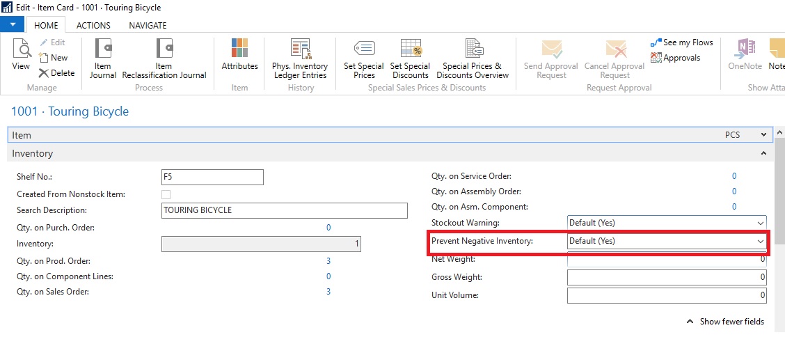 Item card in Dynamics NAV