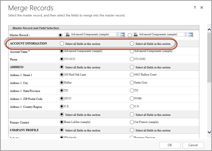 Master record and field selection