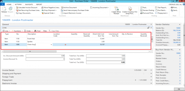 Standard purchase code added to purchase orders in NAV