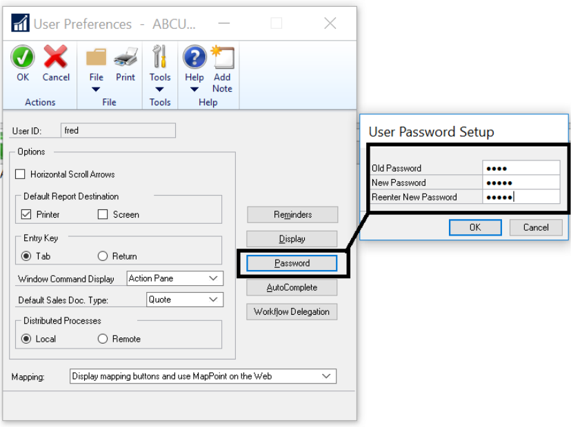 User password setup in Dynamics GP