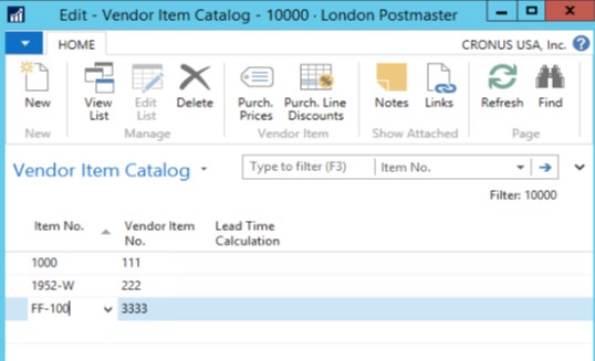 Vendor item catalogue card in NAV