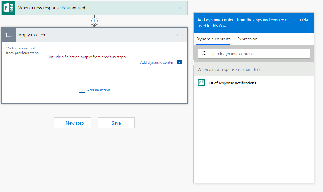 When a new response is submitted and applied to each in Microsoft Flow